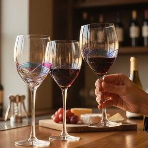 Partylite Calypso stained glass wine glasses, set of 3, one only has paint loss